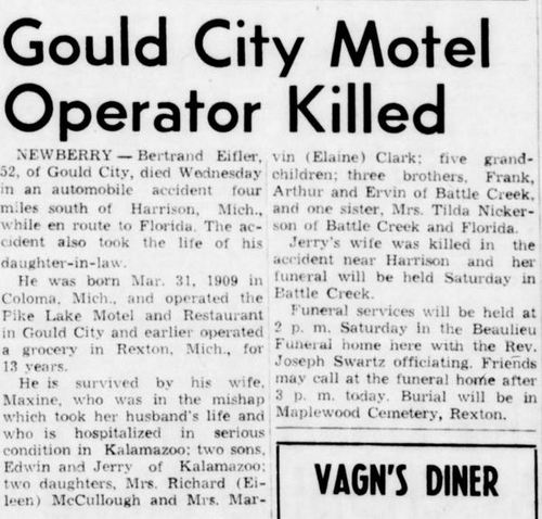 Schealls Motel (Tappens Motel) - Nov 24 1961 Owner Of Pike Lake Motel Dies In Auto Accident